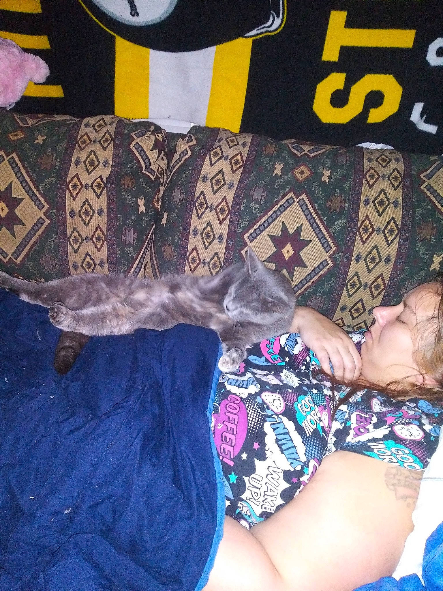 Smokie joined the competition — help win amazing prizes! black, blue, comfort, couch, denim, electric_blue, human_leg, lap, linens, motif, pattern, purple, room, sitting, sleeve, sportswear, t_shirt, textile, thigh, visual_arts