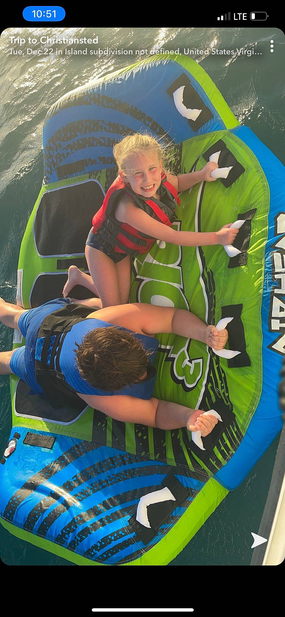 Bailee is registered to the contest to win money with this photo: boat, inflatable, joy, person, water_transportation, watercraft