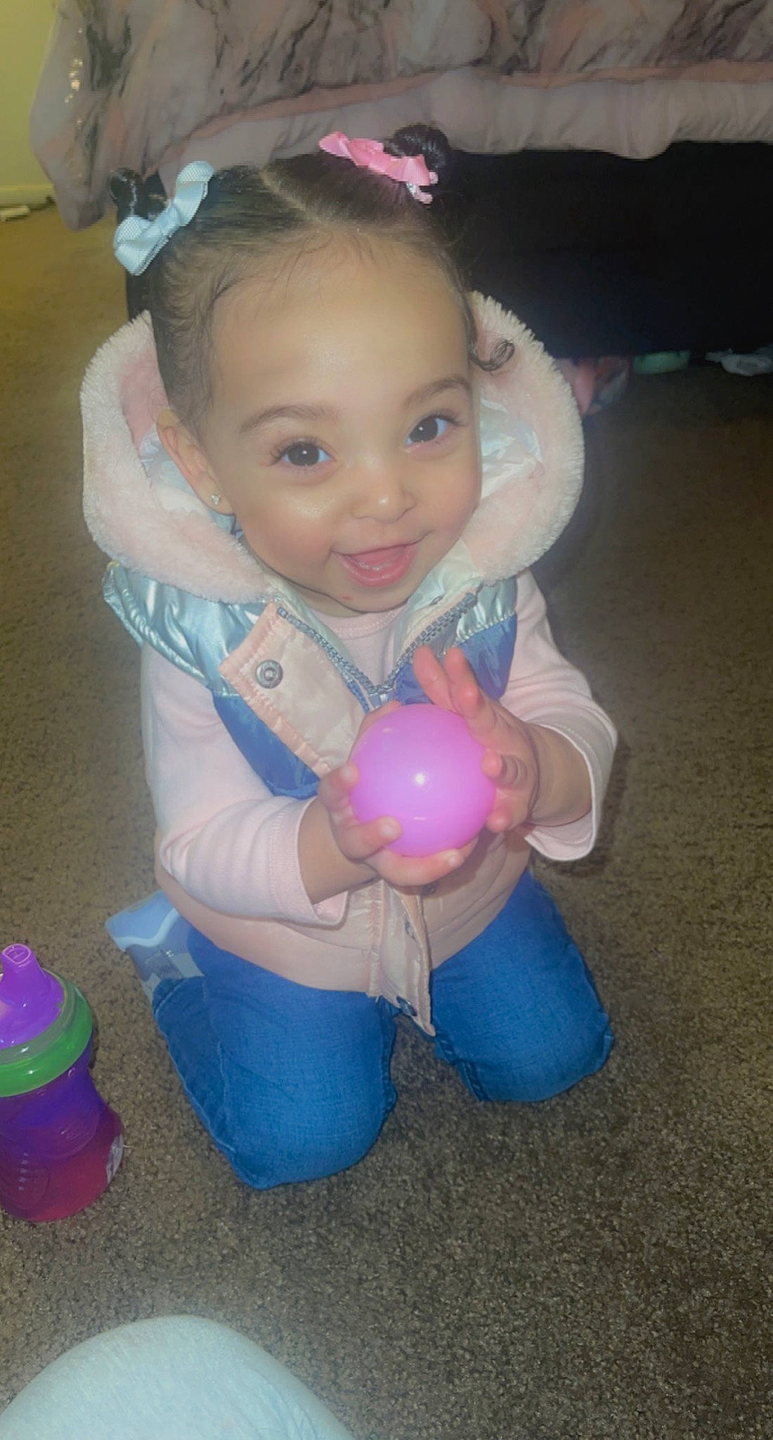 Aubri is registered to the contest to win money with this photo: baby, baby_products, baby_toddler_clothing, baby_toys, balloon, child, ear, event, fun, happy, head, headband, joy, party_supply, person, pink, plastic, play, sitting, smile