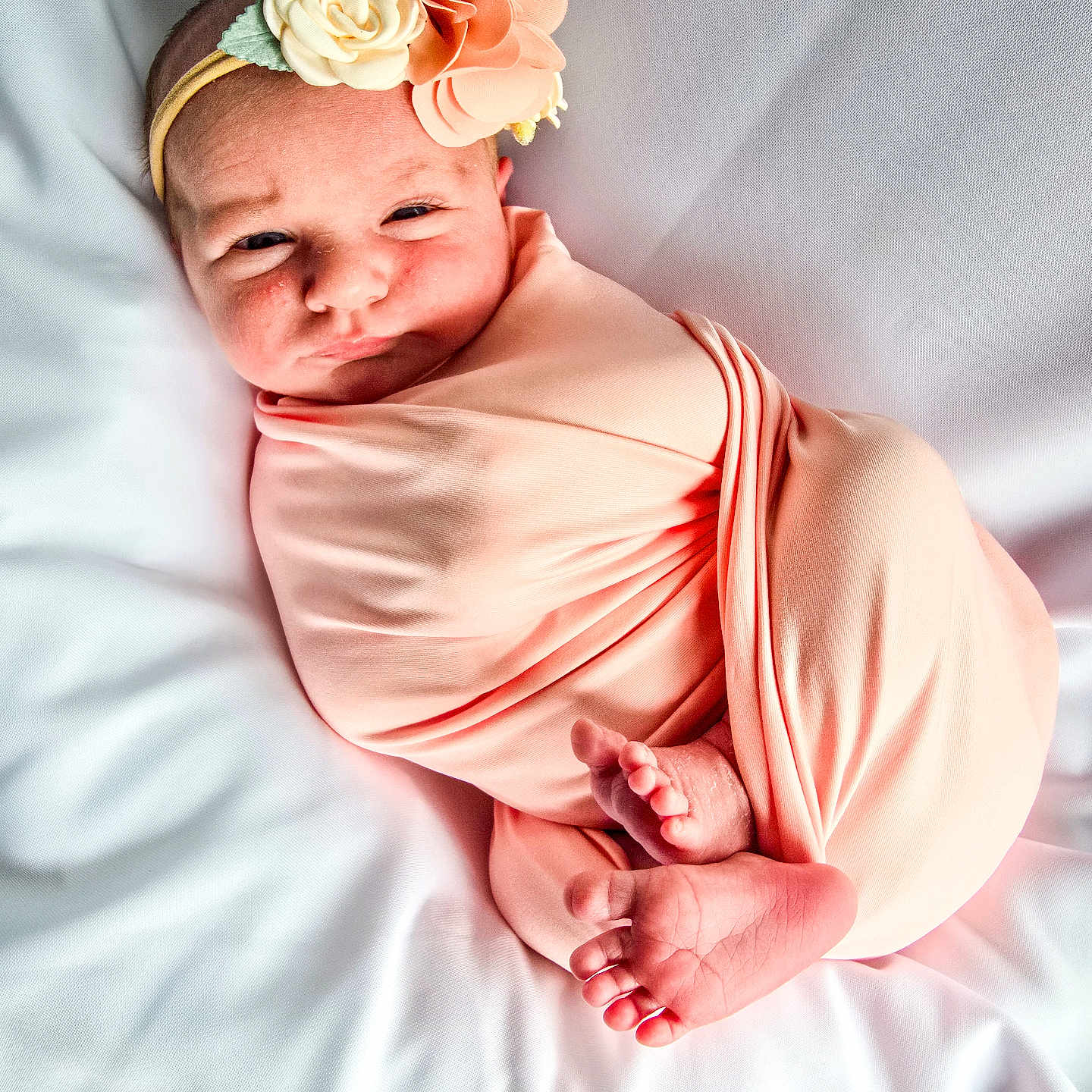 Poppy joined the competition — help win amazing prizes! baby, blanket, child, closeup, cozy, cute, feet, flower, headband, infant, newborn, peaceful, pink, portrait, resting, skin, sleeping, soft, white_background, wrapped