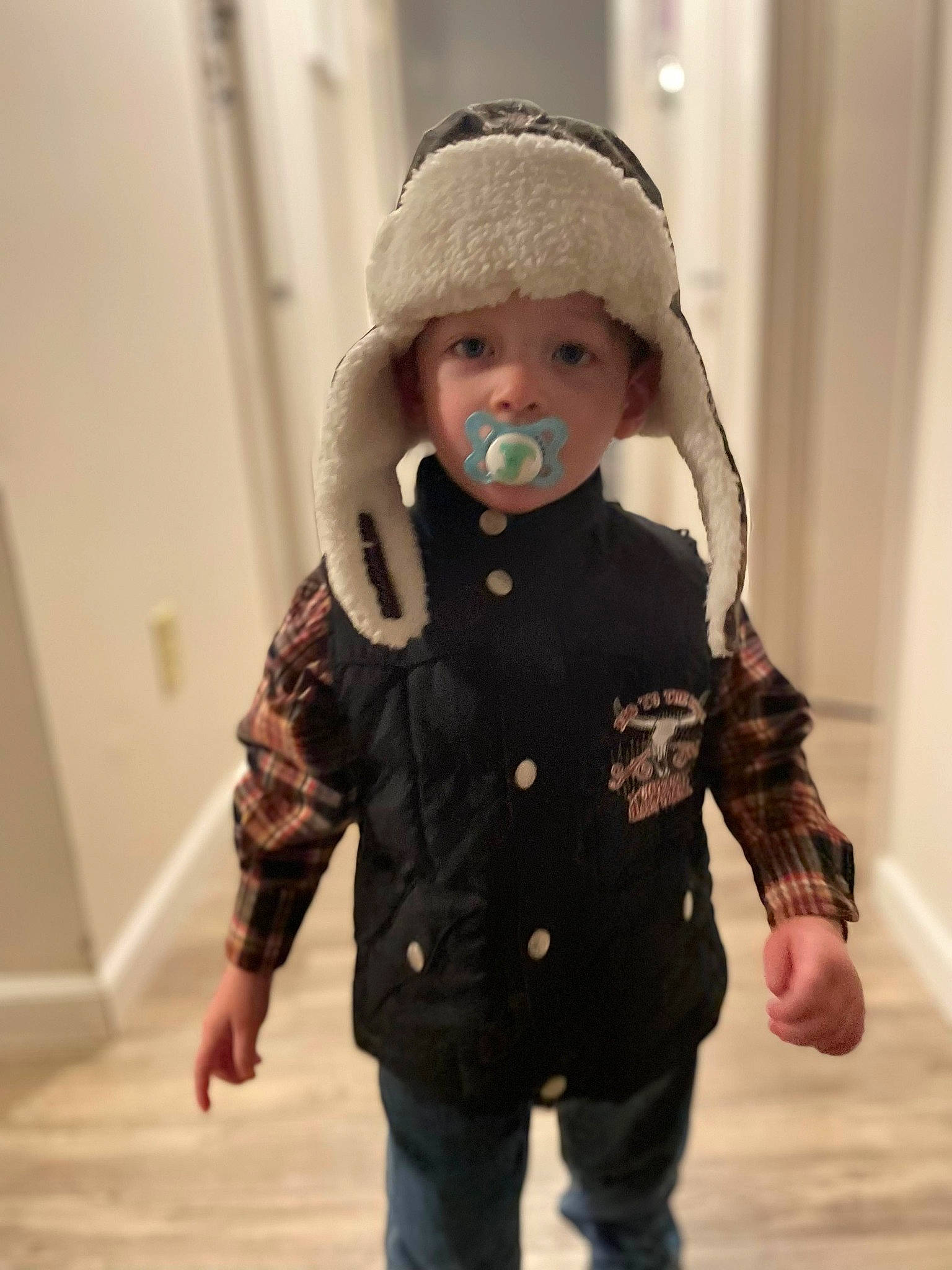 Treysen Buck-roberts is registered to the contest to win money with this photo: baby_toddler_clothing, cap, cheek, child, doll, fashion_design, finger, fur, gesture, hand, headgear, headwear, helmet, jacket, pattern, person, skin, sleeve, toddler, toy