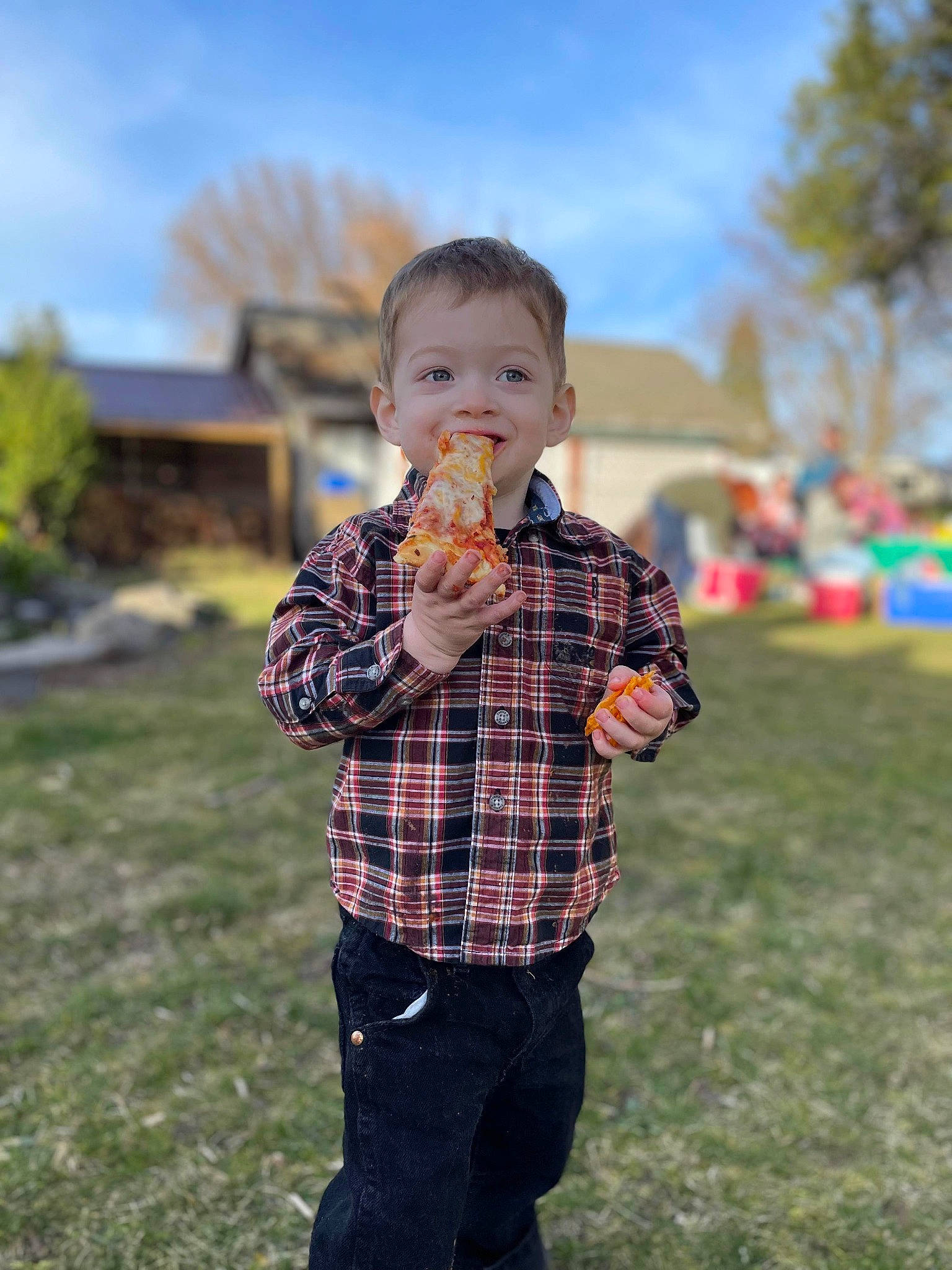 Treysen Buck-roberts is registered to the contest to win money with this photo: asphalt, child, cloud, face, fruit, fun, grass, happy, landscape, pattern, people_in_nature, person, plaid, plant, recreation, sky, soil, tartan, toddler, toy
