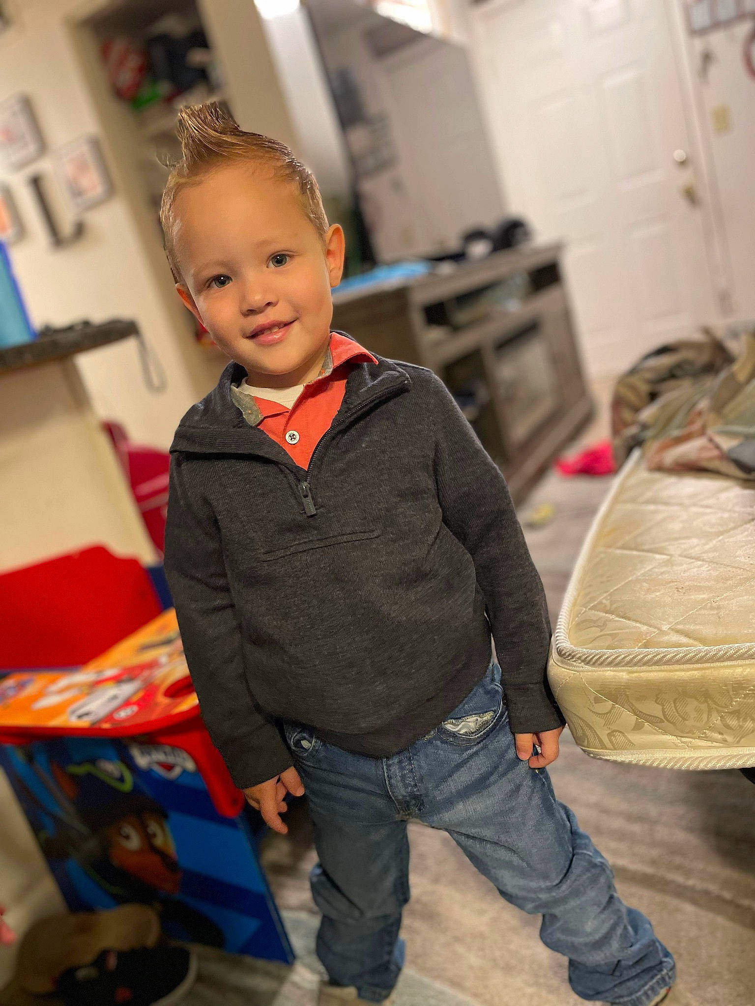 Lucca Buck-roberts joined the competition — help win amazing prizes! child, denim, event, fashion_design, flooring, fun, happy, hardwood, joy, person, play, pocket, room, sitting, sleeve, smile, t_shirt, toddler, vacation, wood