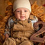 baby, infant, beanie, corduroy_overalls, blanket, wooden_number, number_2, smiling, face, hands, legs, autumn, warm_colors, plaid_shirt, cute, portrait, indoor, cozy, baby_photo, milestone