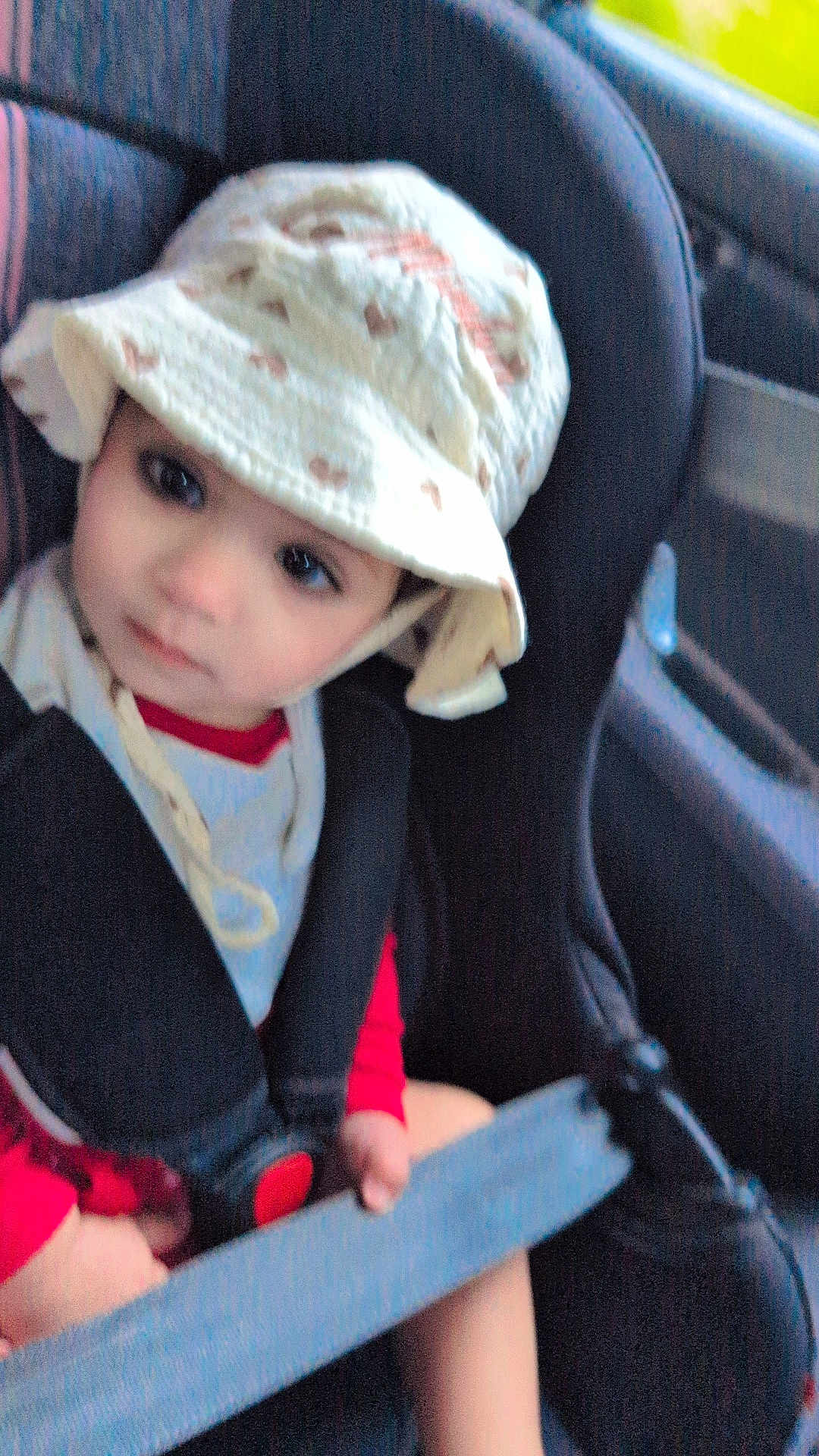 Minha is registered to the contest to win money with this photo: toddler, child, car_seat, hat, bib, seatbelt, car_interior, safety, young_child, person, cute, baby, clothing, face, portrait, seat, looking, hands, red_shirt, travel