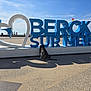 blue, canine, daytime, dog, leisure, outdoor, pavement, people, pet, sea, shadow, sign, sky, summer, sunny, text, tourism, vacation, walking, white