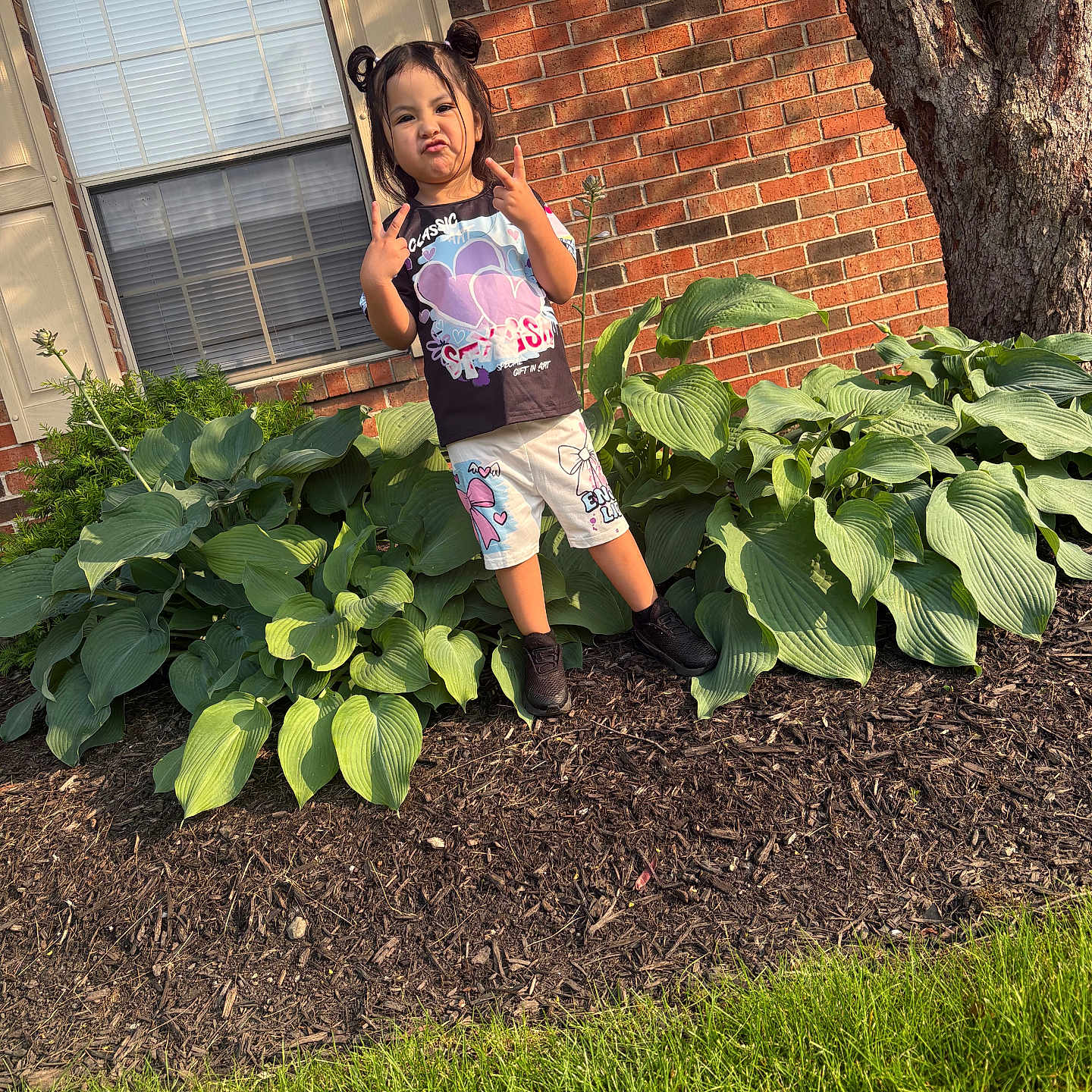 Arlenis joined the competition — help win amazing prizes! black_shoes, brick_wall, child, daylight, grass, greenery, hair_buns, kid, nature, outdoor, peace_sign, person, plants, playful, pout, shorts, shrubbery, smile, tree, tshirt