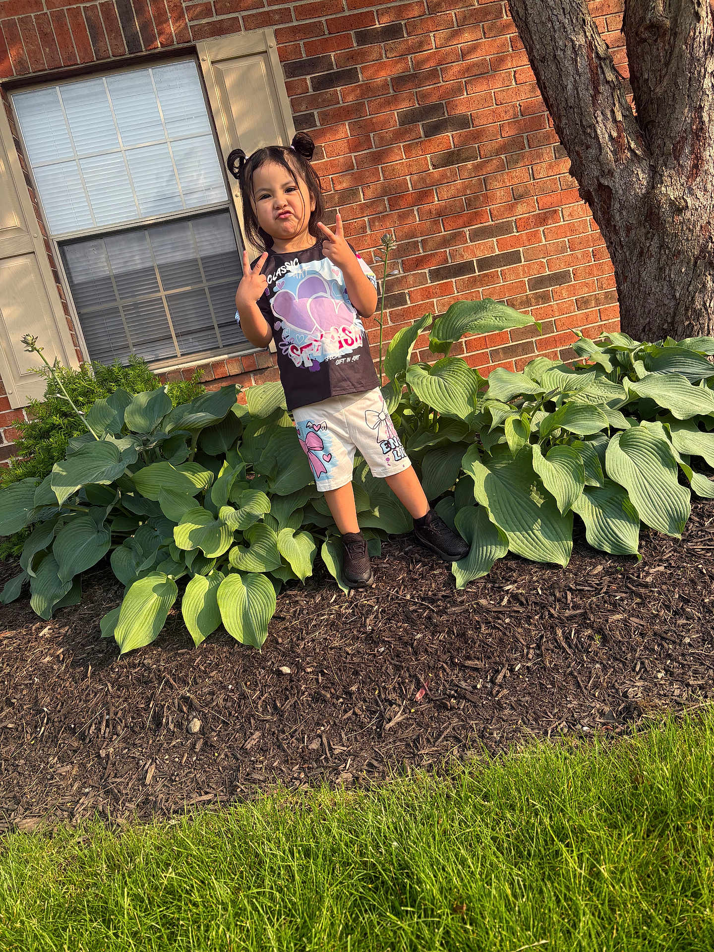 Arlenis joined the competition — help win amazing prizes! child, kid, peace_sign, playful, pout, outdoor, plants, greenery, brick_wall, tree, grass, shorts, tshirt, black_shoes, person, smile, hair_buns, daylight, nature, shrubbery