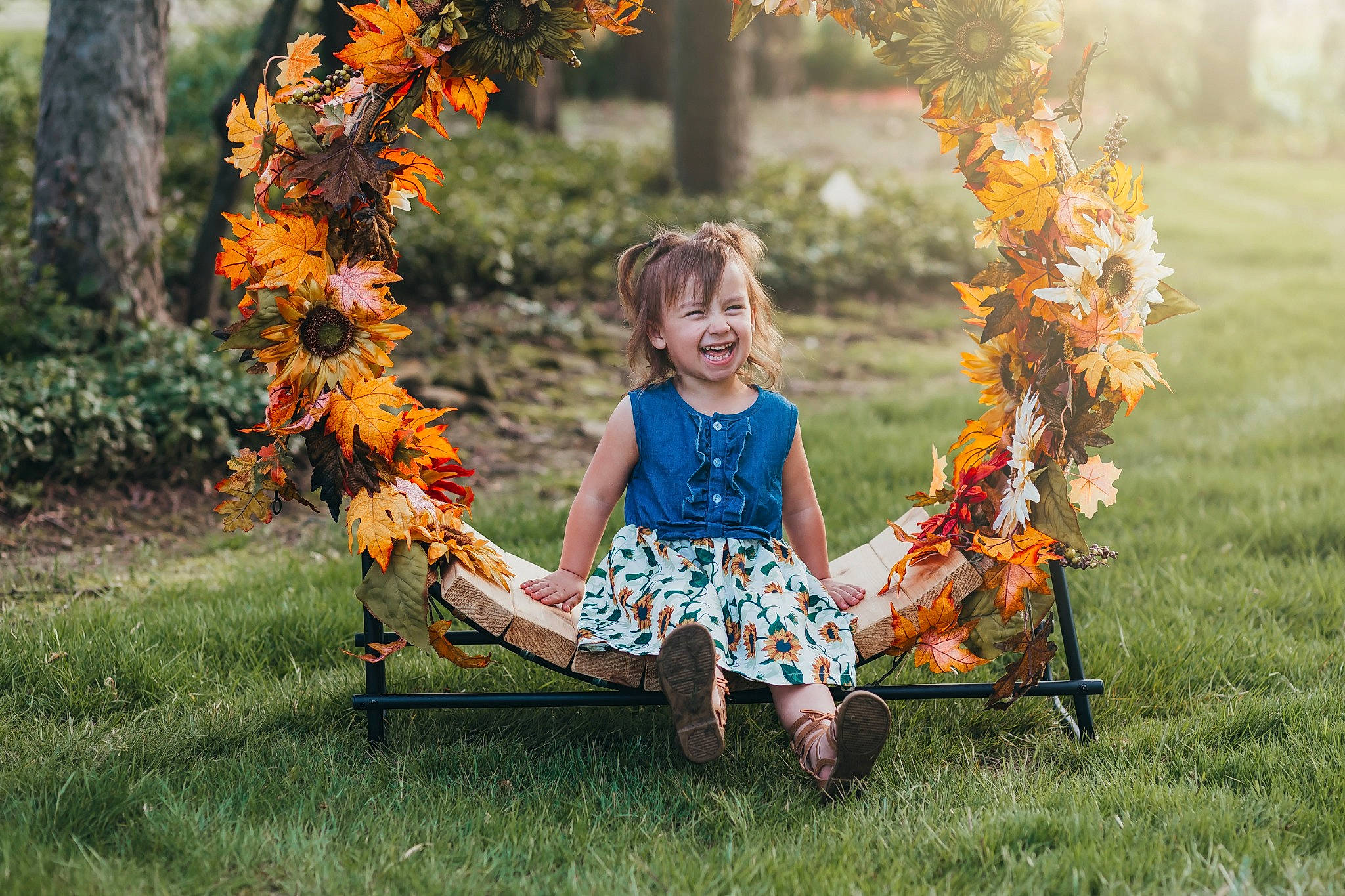 Annalee joined the competition — help win amazing prizes! autumn, child, dress, fawn, flame, grass, happy, leaf, long_hair, people_in_nature, person, plant, sitting, swing, toddler, tree, yellow