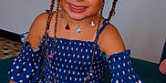 Jade a rejoint le concours — aidez-le/la à gagner de superbes lots ! child, girl, smiling, braids, hair_buns, blue_dress, polka_dot, sitting, couch, indoor, necklace, cute, happy, fashion, portrait, young, person, casual, colorful, accessories