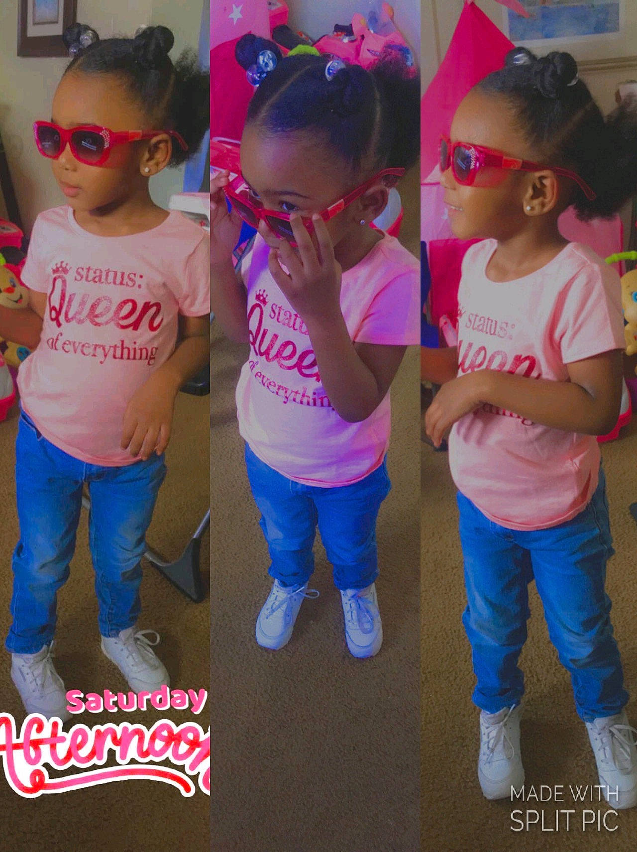 Zyonna is registered to the contest to win money with this photo: baby_toddler_clothing, clothing, cool, eyewear, face, fashion, fun, hair, happy, head, jeans, leisure, magenta, person, pink, product, skin, sleeve, standing, t_shirt