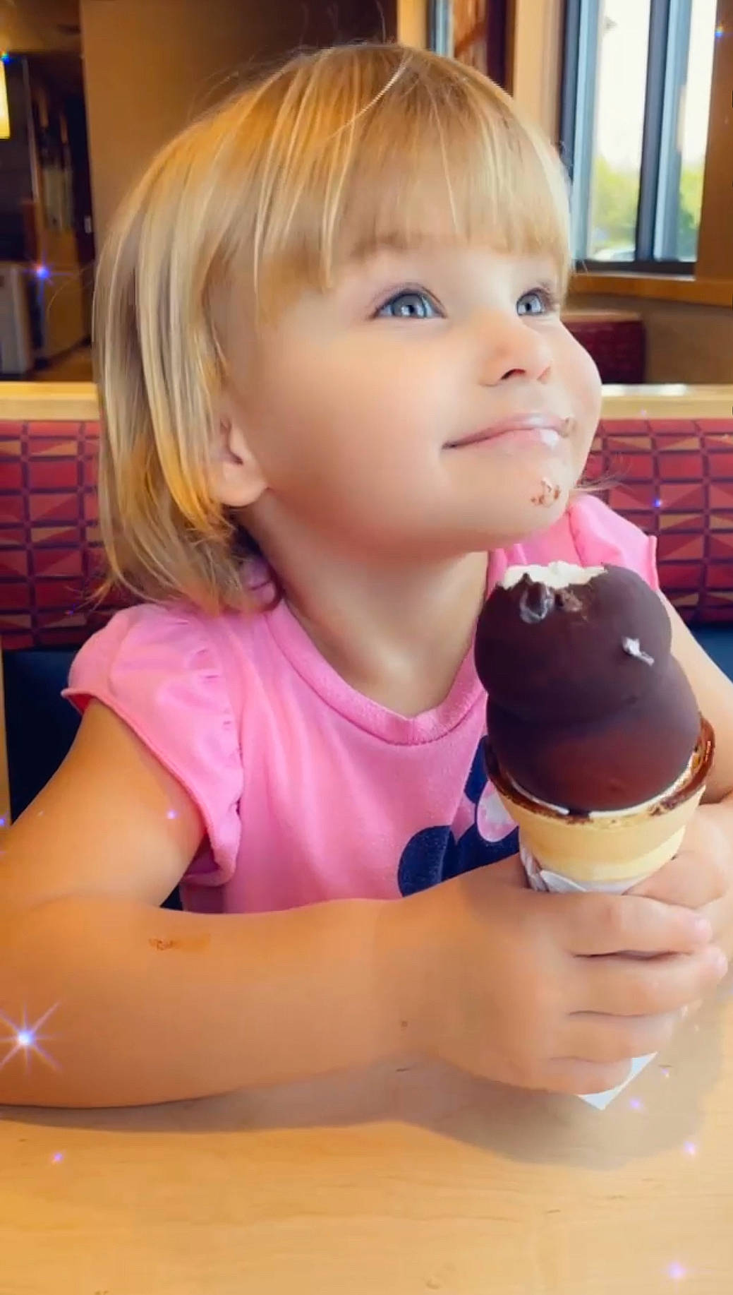 Liana joined the competition — help win amazing prizes! blond, cabinetry, cheek, child, eyelash, finger, food, frozen_dessert, fun, hair, hand, happy, ice_cream, ice_cream_cone, nail, person, pink, smile, thumb, toddler