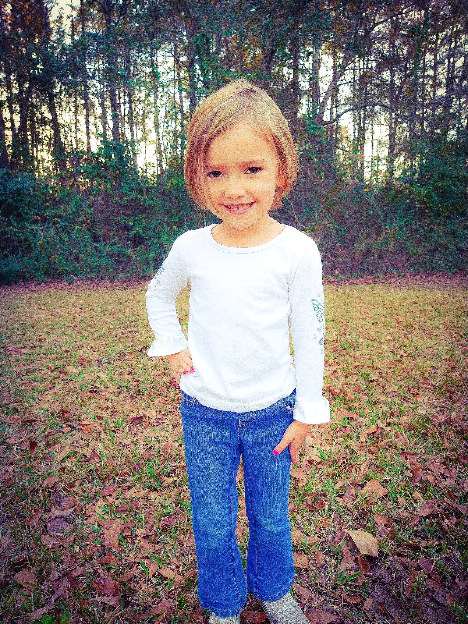 Londyn joined the competition — help win amazing prizes! botany, child, clothing, denim, electric_blue, forest, grass, happy, joy, leaf, pattern, people_in_nature, person, plant, sleeve, smile, t_shirt, tints_and_shades, toddler, tree