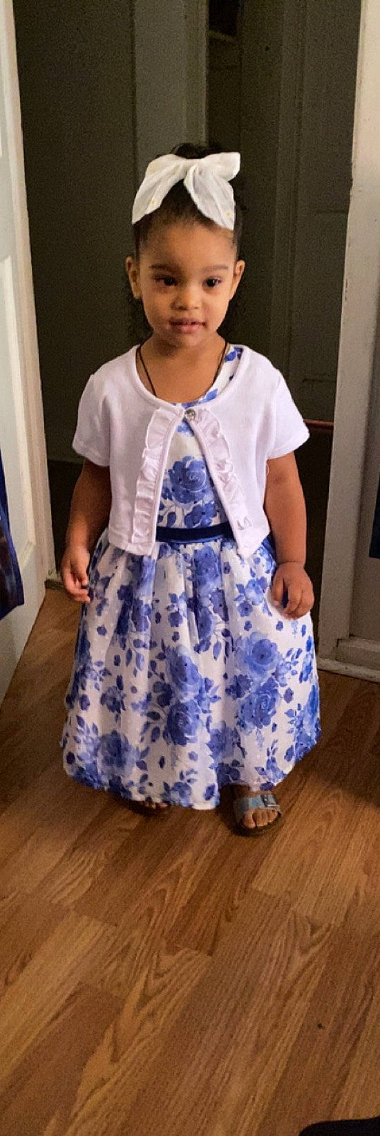 Kaylani Jimenez Perez is registered to the contest to win money with this photo: baby_toddler_clothing, collar, costume, day_dress, denim, electric_blue, embellishment, event, flooring, formal_wear, hardwood, neck, one_piece_garment, pattern, peach, person, purple, sleeve, t_shirt, toddler