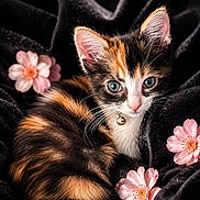 Merida is registered to the contest to win money with this photo: adorable, animal, bell, black_velvet, blue_eyes, calico, cat, closeup, collar, cute, flower, fur, kitten, pet, pink_flower, portrait, resting, small, soft_texture, whiskers