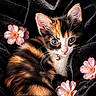 adorable, animal, bell, black_velvet, blue_eyes, calico, cat, closeup, collar, cute, flower, fur, kitten, pet, pink_flower, portrait, resting, small, soft_texture, whiskers