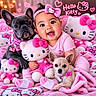 baby, dog, french_bulldog, small_dog, hello_kitty, plush_toy, pink_clothing, headband, heart_shape, blanket, toy, cute, smiling, indoor, child, accessory, pet, sitting, happy, decor