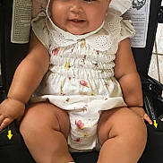 Kalina is registered to the contest to win money with this photo: baby, infant, child, car_seat, smiling, white_bonnet, romper, socks, cute, happy, chubby, face, person, seated, indoors, tile_floor, clothing, headwear, skin, legs