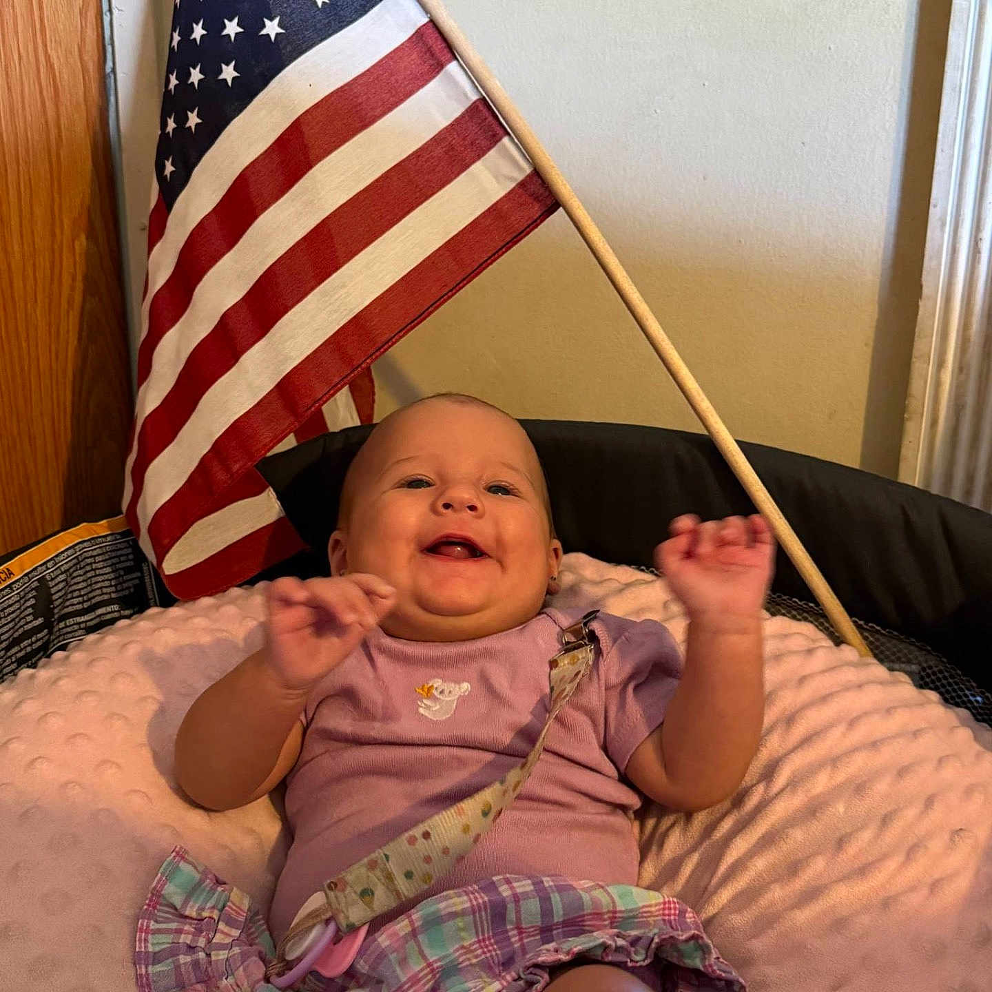 Lenora joined the competition — help win amazing prizes! american_flag, baby, child, cushion, cute, fabric, face, happy, indoor, infant, pacifier_clip, person, pink_clothing, plaid_skirt, playpen, portrait, seated, smiling, wall, wooden_door