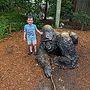 Nico joined the competition — help win amazing prizes! child, boy, smiling, outdoor, garden, gorilla, statue, animal_statue, wildlife, nature, trees, plants, greenery, wooden_fence, mulch, playground, zoo, posing, portrait, adventure