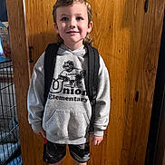 Nico joined the competition — help win amazing prizes! child, young_boy, smiling, portrait, standing, backpack, hoodie, school, school_uniform, elementary_school, wooden_cabinet, indoors, home, clothing, shorts, shoes, face, person, school_spirit, happy