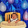 Bowie joined the competition — help win amazing prizes! baby, balloons, birthday, blue_background, celebration, child, colorful, confetti, cute, feet, festive, happy, high_chair, indoor, infant, party_hat, person, smiling, table, wooden_chair