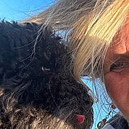 Little Danny is registered to the contest to win money with this photo: animal, beach, blue_sky, close_up, curly_fur, dog, earring, face, hair, happy, nature, outdoor, person, pet, portrait, selfie, striped_shirt, summer, sunlight, tongue_out
