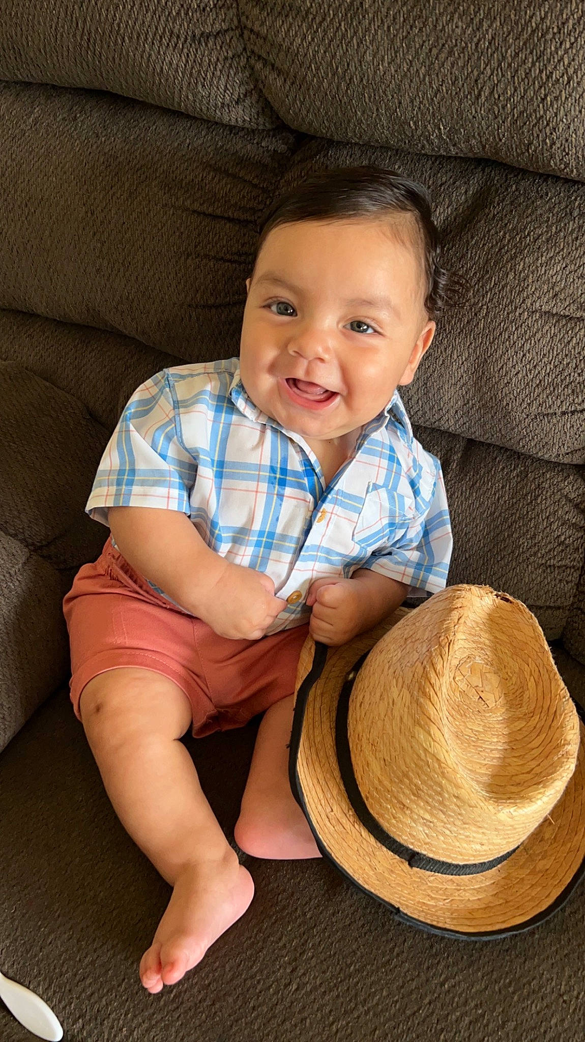 Benjamin joined the competition — help win amazing prizes! arm, baby, baby_toddler_clothing, comfort, fedora, finger, happy, hat, human_leg, joy, knee, leg, person, shorts, skin, sleeve, smile, sock, sun_hat, thigh