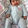 Eliana is registered to the contest to win money with this photo: baby, infant, child, smiling, happy, portrait, lying_down, onesie, clothing, butterfly, blanket, bunny_pattern, nursery, indoor, baby_bed, face, hands, dark_hair, cute, photography