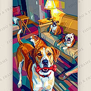 Thule is registered to the contest to win money with this photo: dogs, bulldogs, pet, canine, four_dogs, red_bone, living_room, indoor, furniture, chairs, couch, lamp, colorful, digital_art, stylized, portrait, sitting, lying_down, wrinkled_face, watermark