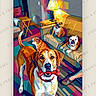 dogs, bulldogs, pet, canine, four_dogs, red_bone, living_room, indoor, furniture, chairs, couch, lamp, colorful, digital_art, stylized, portrait, sitting, lying_down, wrinkled_face, watermark