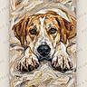 Thule is registered to the contest to win money with this photo: dog, bulldog, canine, pet, animal, portrait, face, eyes, nose, paws, front_view, close_up, painted, digital_art, abstract, brushstrokes, artwork, brown_and_white, watermark, indoor