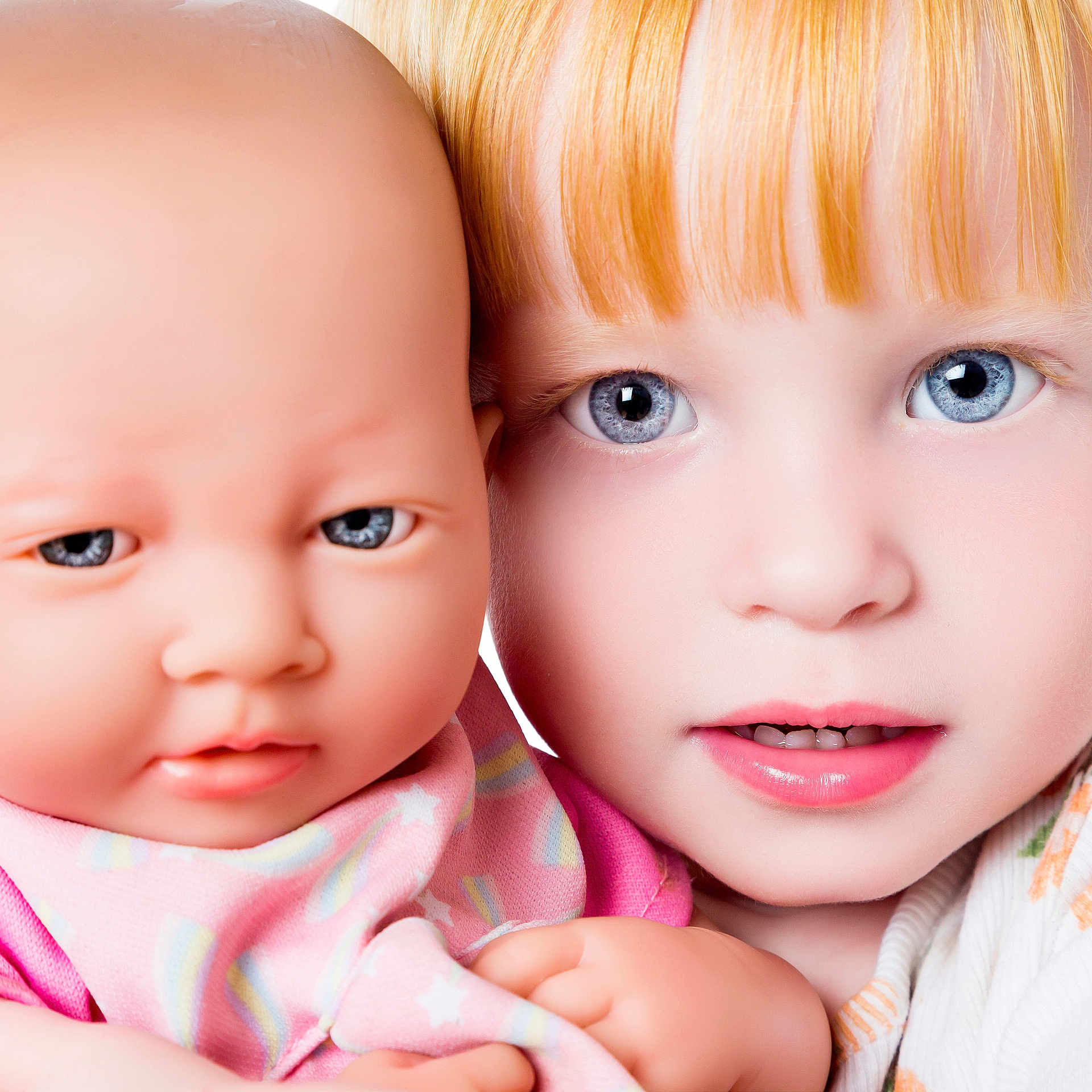 Willow is registered to the contest to win money with this photo: child, doll, baby_doll, red_hair, blue_eyes, face, portrait, close_up, toy, playtime, pink_clothing, human, realistic_doll, innocence, curiosity, childhood, cute, expression, holding, young