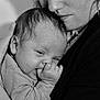 baby, child, infant, mother, adult, black_and_white, portrait, close_up, holding, cuddling, thumb_sucking, face, skin, hair, clothing, love, affection, family, tenderness, sleepy