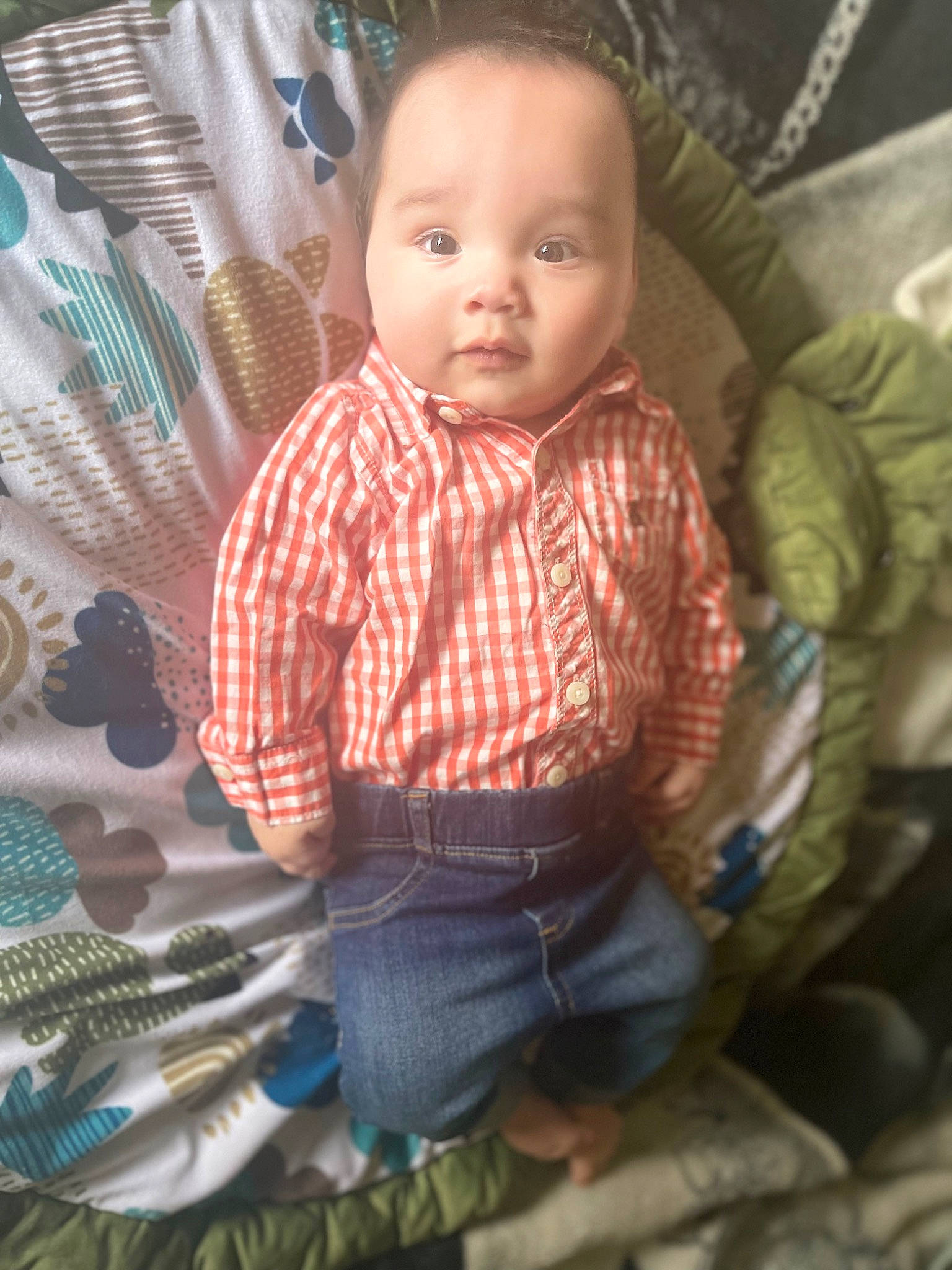 Leonidas joined the competition — help win amazing prizes! baby, baby_toddler_clothing, cheek, child, comfort, eye, face, hair, head, iris, jeans, nose, pattern, person, plaid, sleeve, t_shirt, tartan, textile, toddler