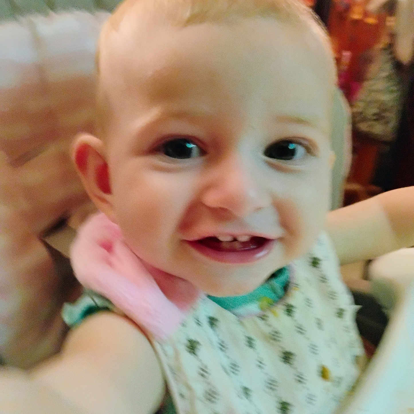 Grace is registered to the contest to win money with this photo: baby, babylaughing, bodypart, boy, child, couch, face, finger, furniture, hand, happy, head, laughing, male, mouth, person, photography, portrait, smile, teeth