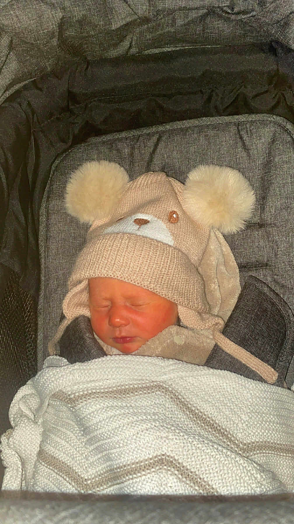 Cara is registered to the contest to win money with this photo: baby, sleeping, hat, knit_hat, pom_poms, bear_ears, blanket, striped_blanket, stroller, cushion, face, closed_eyes, infant, warm, cozy, soft_texture, child, cute, winter_clothing, newborn