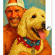 Sunnybear joined the competition — help win amazing prizes! artistic, background, bandana, blue, cap, dog, fluffy_dog, fur, happy, hat, hugging, man, portrait, red, smiling, stars, texture, tongue_out, warm, white