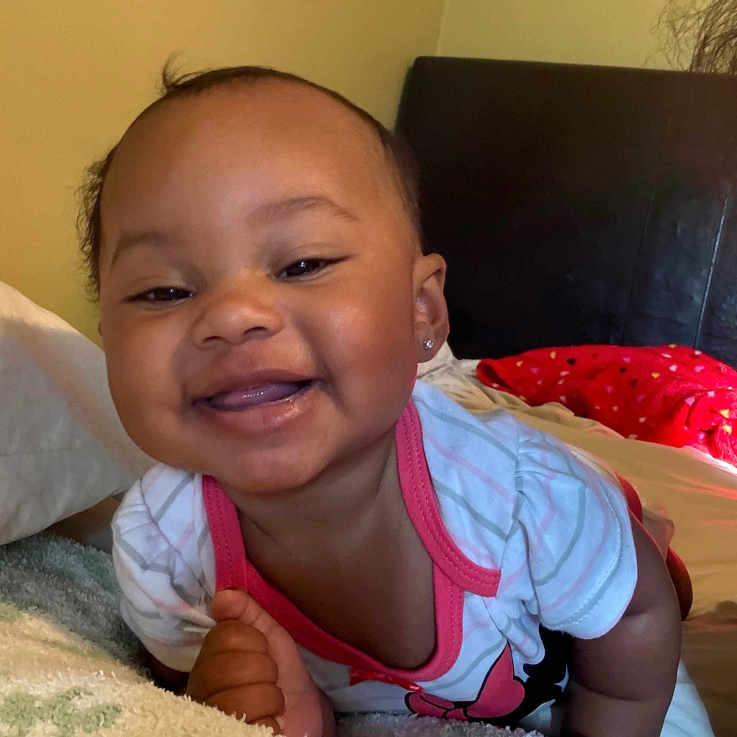 Zari joined the competition — help win amazing prizes! accessories, baby, babylaughing, bed, bedroom, cushion, earring, face, furniture, happy, head, homedecor, indoors, jewelry, laughing, necklace, person, photography, portrait, smile