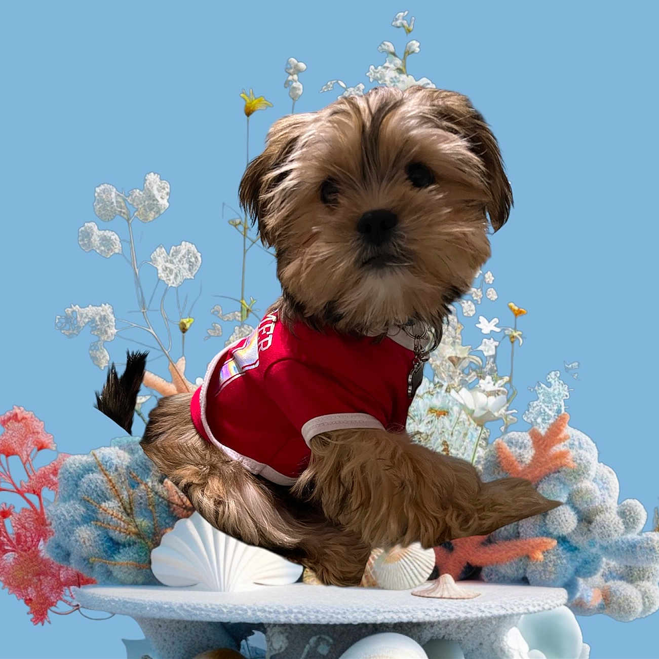 Rocky is registered to the contest to win money with this photo: accessory, animal, artistic, blue_background, collar, coral, cute, decorative, dog, fluffy, furry, indoor, pedestal, pet, portrait, posing, red_shirt, seashell, small_dog, studio