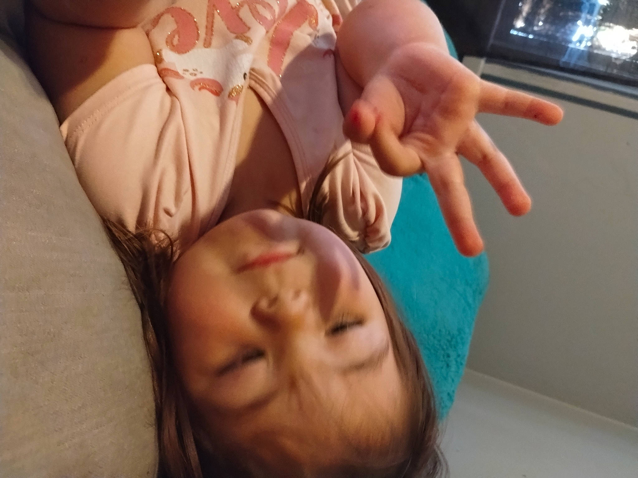 Evelynn is registered to the contest to win money with this photo: abdomen, baby, child, comfort, eyelash, finger, flesh, fun, gesture, hand, happy, holding_hands, mouth, nail, neck, person, room, skin, thumb, toddler