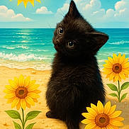 Nova is registered to the contest to win money with this photo: kitten, black_cat, beach, sunflower, sand, ocean, seagull, blue_sky, cloud, sun, cartoon_sun, cute, animal, nature, summer, outdoor, fluffy, small_animal, sunny, whiskers