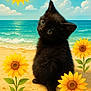 kitten, black_cat, beach, sunflower, sand, ocean, seagull, blue_sky, cloud, sun, cartoon_sun, cute, animal, nature, summer, outdoor, fluffy, small_animal, sunny, whiskers