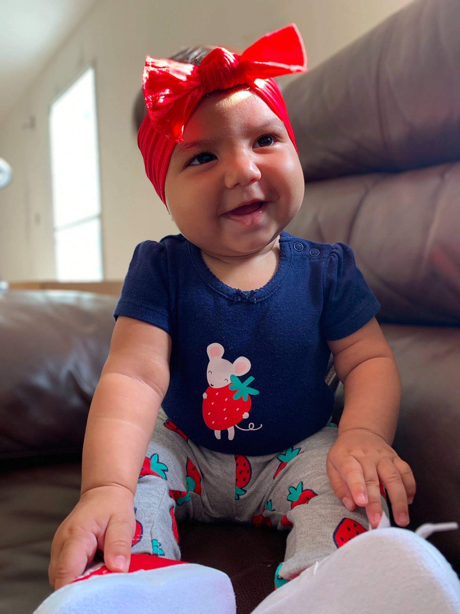 Julianna joined the competition — help win amazing prizes! baby, baby_toddler_clothing, child, christmas, costume, costume_accessory, headgear, headwear, joy, person, pink, play, red, sitting, skin, sleeve, smile, toddler