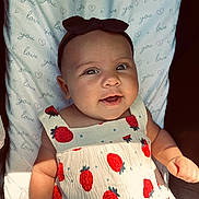 Edith joined the competition — help win amazing prizes! baby, infant, child, smiling, headband, dress, strawberry_pattern, blanket, text, love, cute, happy, chubby_cheeks, portrait, closeup, sunlight, indoors, person, young, clothing