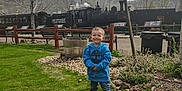Mark joined the competition — help win amazing prizes! bench, blue_hoodie, boy, child, cloudy_sky, daytime, fence, grass, nature, outdoor, park, plant, railroad, rocks, shoes, smile, smoke, steam_train, tree, vintage_train