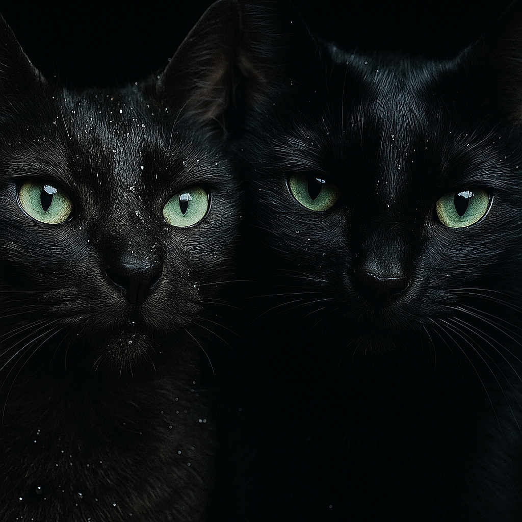 Kitty Et Titoune participe au concours pour gagner de l'argent avec cette photo : animal, black_cat, cat, closeup, cute, dark_background, domestic_animal, ears, face, feline, fur, green_eyes, intense_gaze, mystical, night, pet, portrait, two_cats, whiskers, wildlife