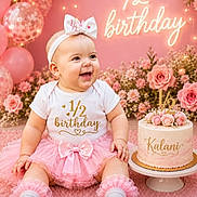 Kalani joined the competition — help win amazing prizes! baby, balloons, birthday, cake, celebration, child, cute, decorations, festive, flowers, half_birthday, happy, headband, onesie, party, pink, portrait, sitting, smiling, tutu