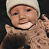 baby, infant, smile, hat, knitted_hat, brown_clothing, spots, close_up, cute, face, eyes, baby_clothes, adorable, portrait, child, young, warm_clothing, infant_baby, happy, cozy