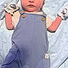 James joined the competition — help win amazing prizes! baby, infant, blue_overalls, mittens, blanket, star_pattern, white_shirt, newborn, lying_down, soft_texture, cute, face, skin, hand, feet, portrait, child, clothing, sleepwear, resting